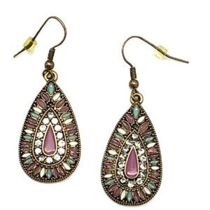 Vintage Mosaic Teardrop Earrings Rhinestone Dangle Boho